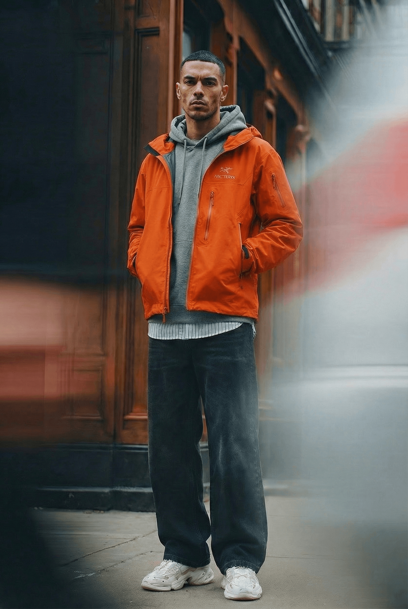 Male model in orange technical jacket, gray hoodie, wide-leg jeans, and white sneakers in an urban streetwear campaign.