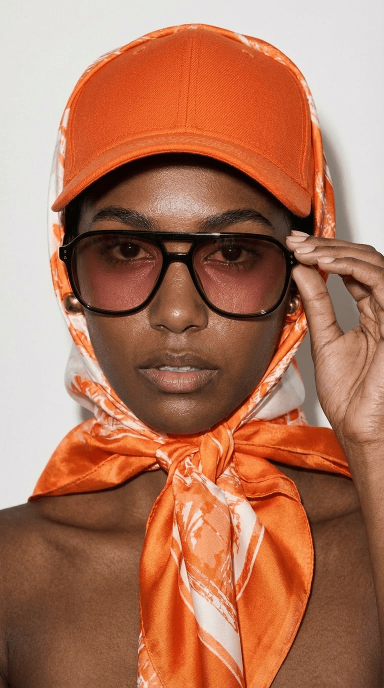 Fashion model wearing orange silk headscarf, baseball cap, and oversized sunglasses in a luxury streetwear editorial shoot.