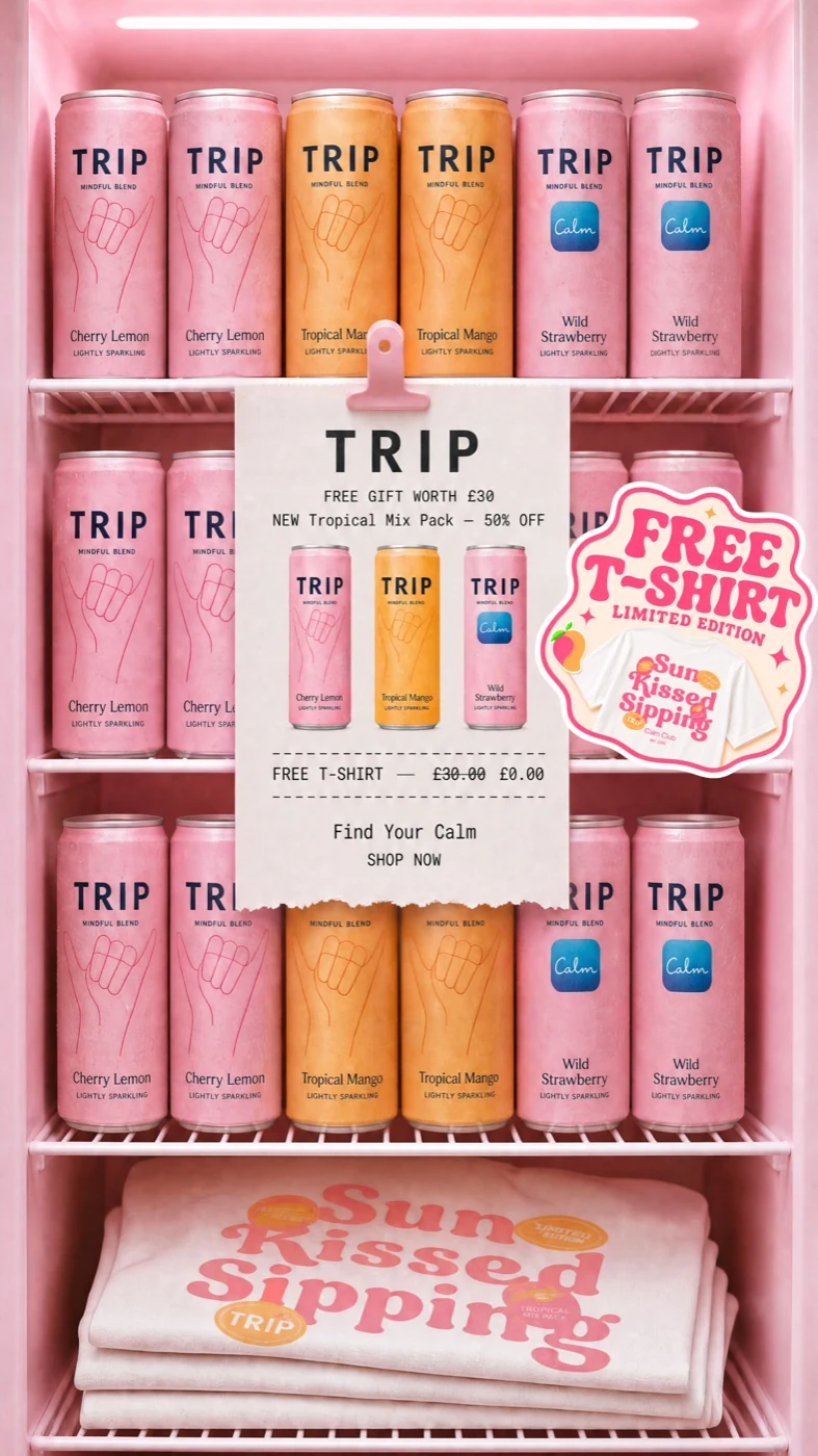 Pink shelving stocked with TRIP drinks and a folded promotional T-shirt