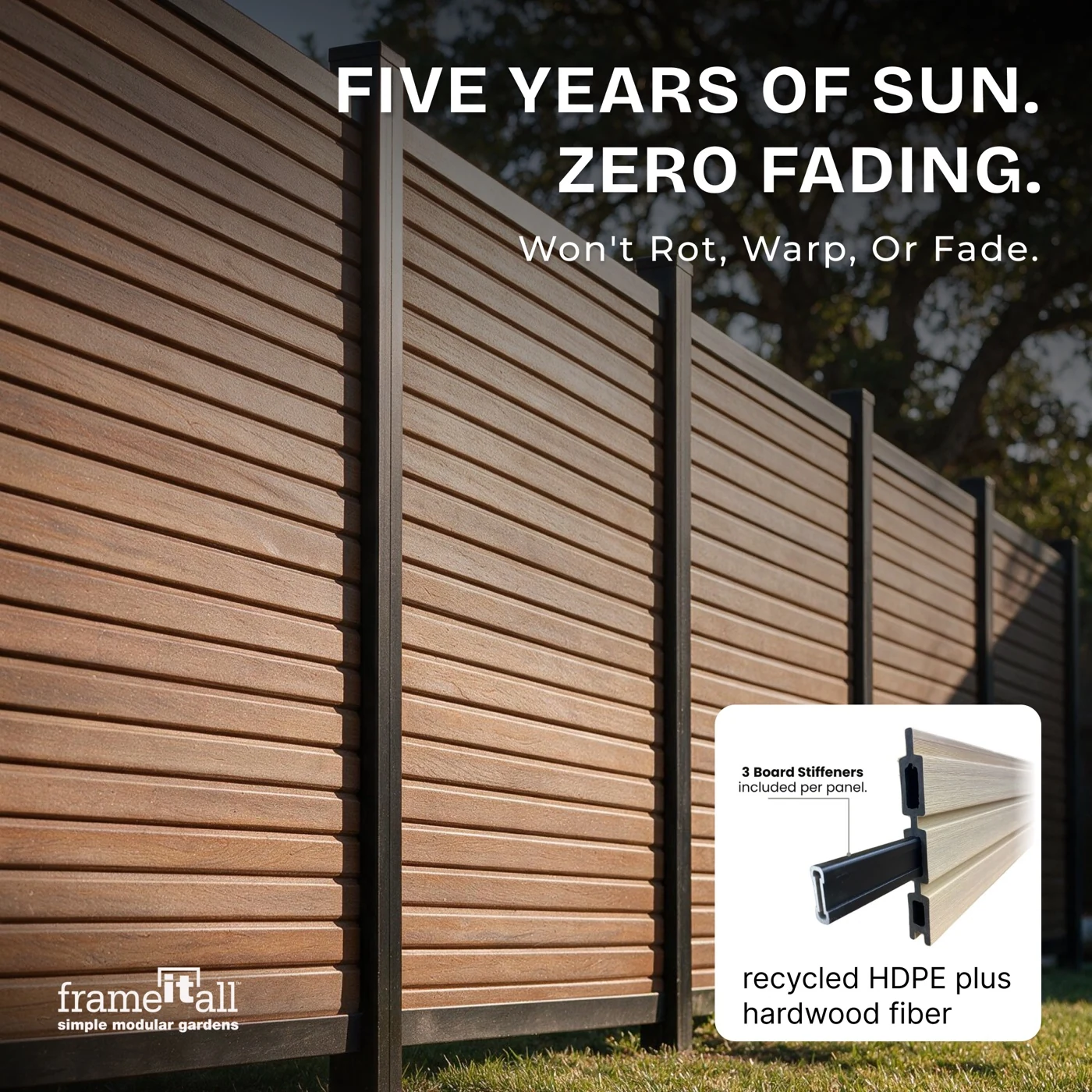 Frame It All composite fence beside a house in a product-led creative