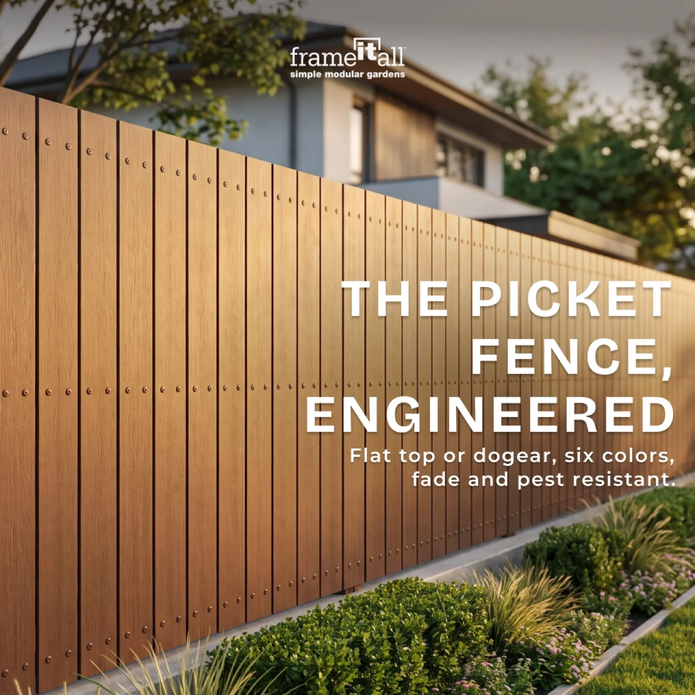 Warm woodgrain picket fencing along a landscaped path for Frame It All