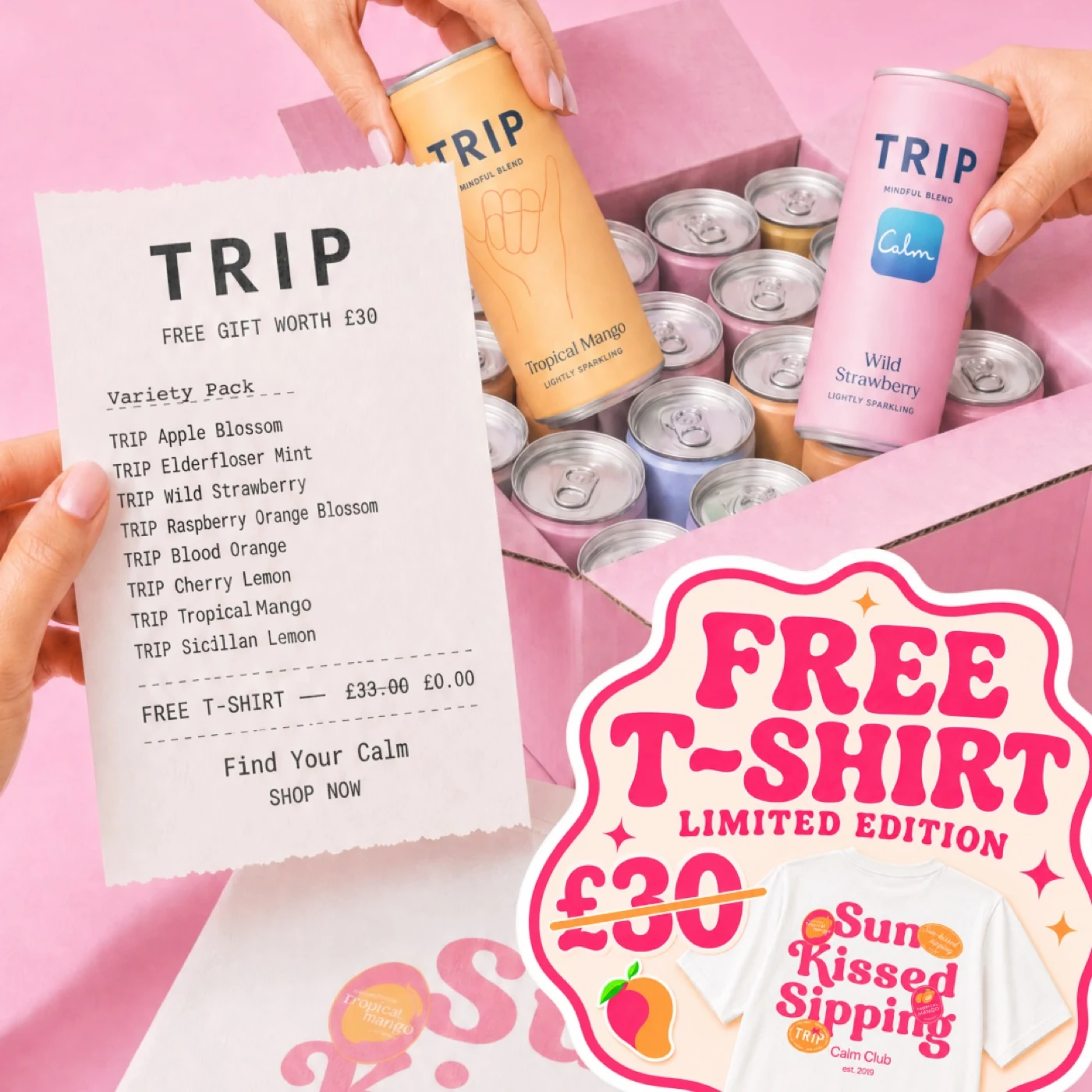TRIP cans, bottles and a promotional receipt against a pink background